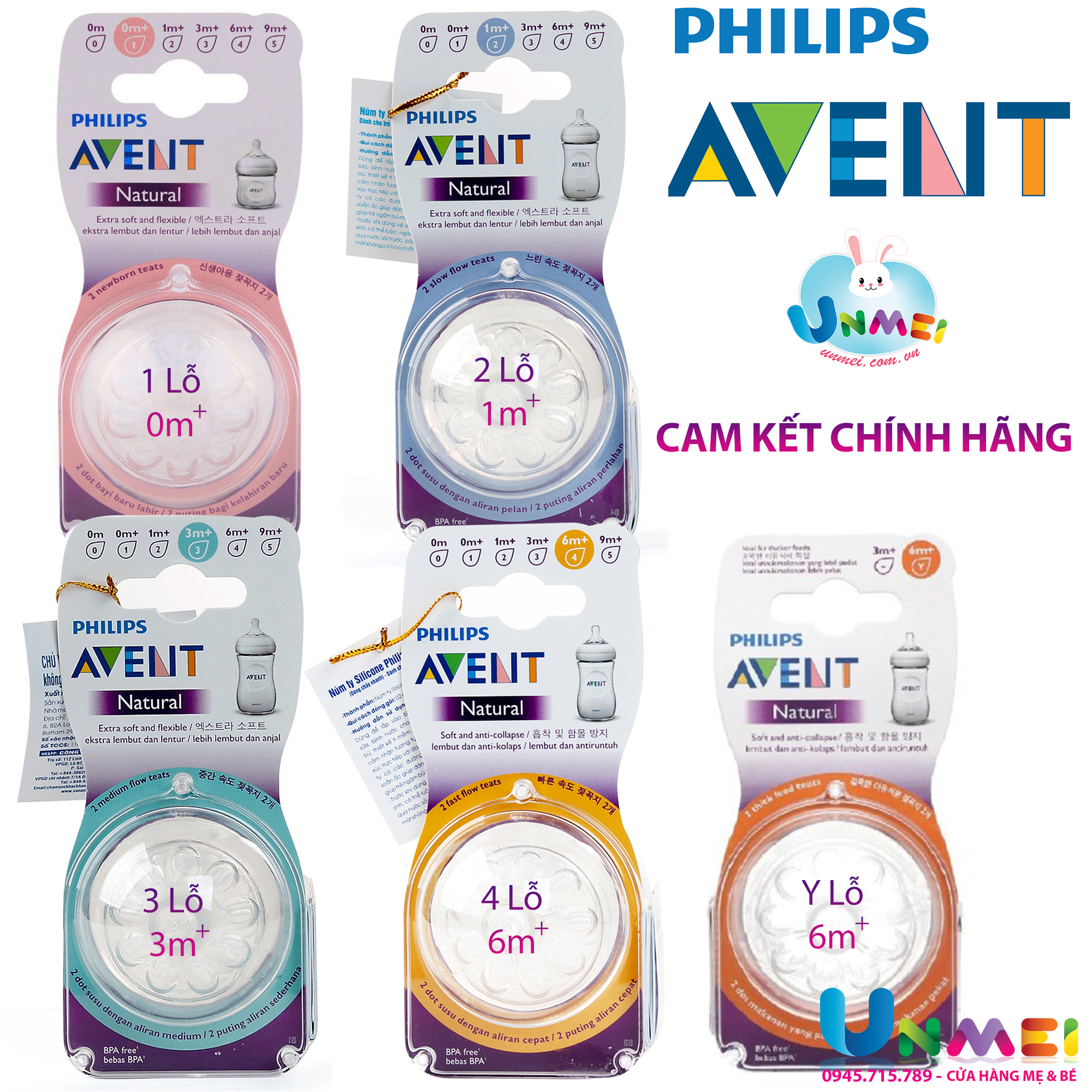 Núm Ty Philips Avent - Núm Vú Philips Avent - Thay Bình Sữa dòng Natural - Đủ Size 1 / 2 / 3 / 4 / Y Lỗ - Tặng 1 Khăn Sữa Gạc Vải thương hiệu Unmei