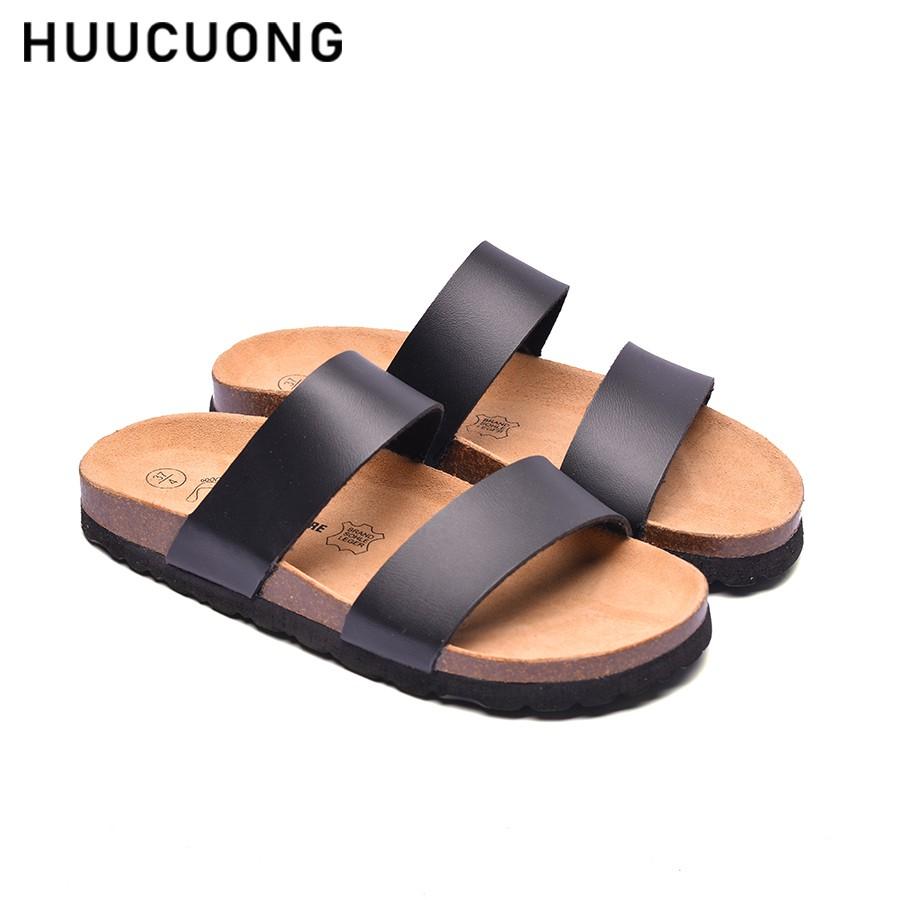 Dép unisex HuuCuong 2 quai pu đen đế trấu