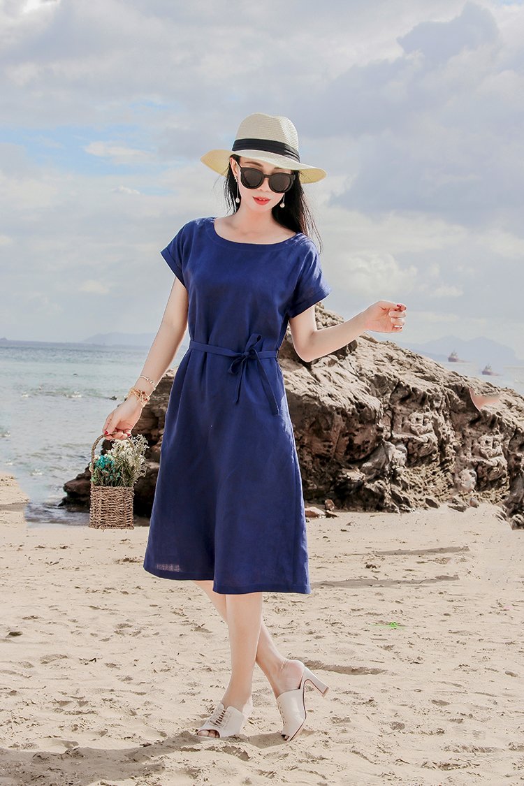 Đầm linen nữ , đầm suông thiết kế trơn basic kèm dây thắt eo, thời trang nữ đi làm, đi chơi Da84