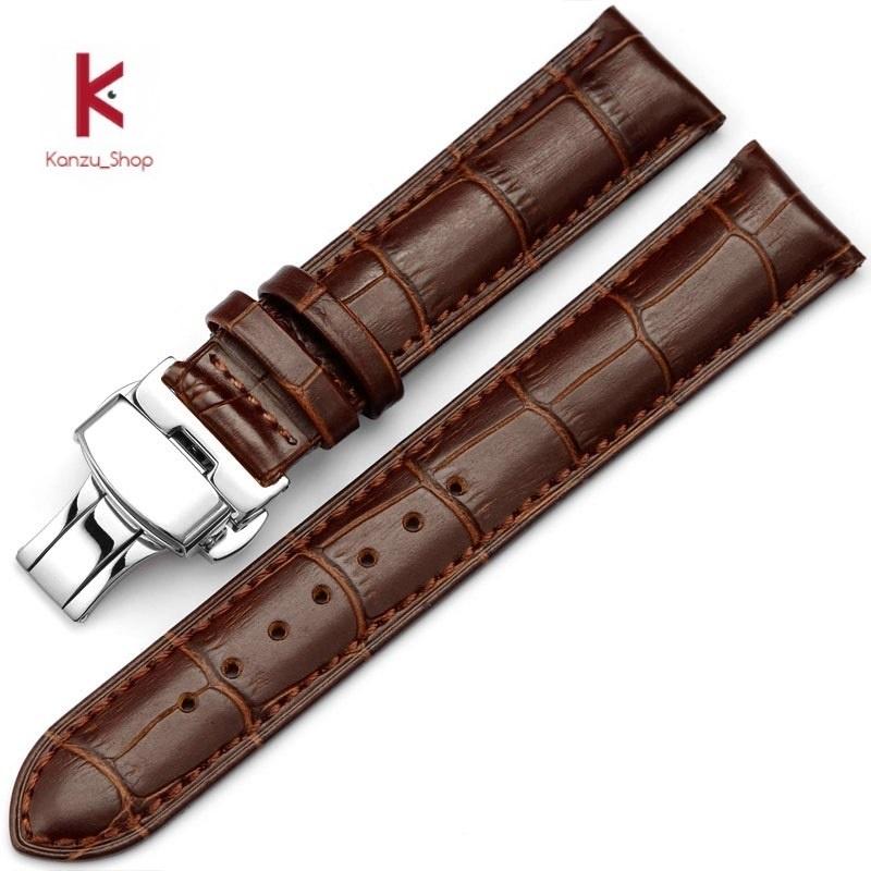 Dây Đồng Hồ Da Khóa Bướm Bạc 2 Nút Bấm - Dây Da Đồng Hồ 14mm 15mm 16mm 17mm 18mm 19mm 20mm 21mm 22mm 23mm 24mm