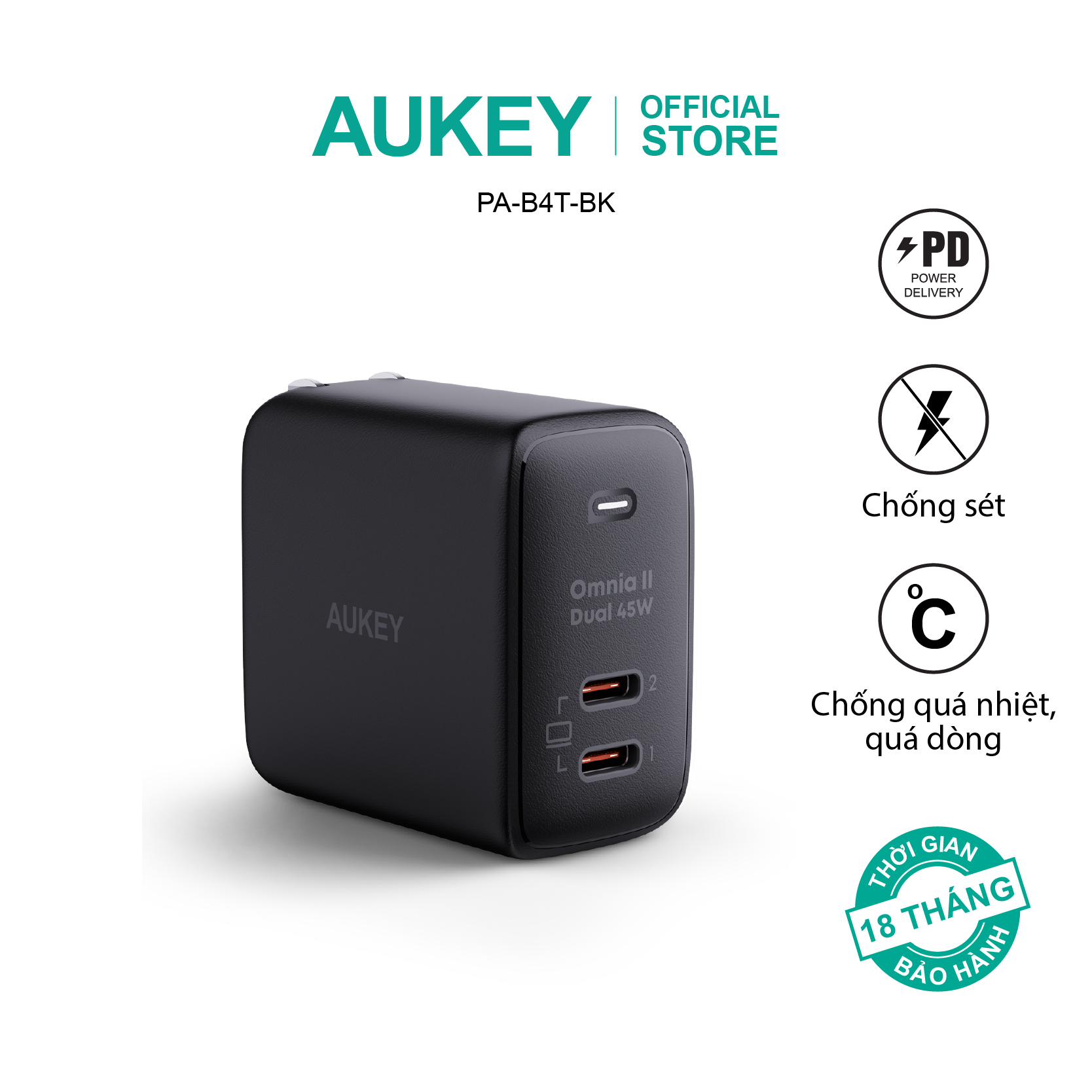 Củ sạc nhanh PD 45W Aukey PA-B4T 2 cổng, chấu gập, hàng chính hãng