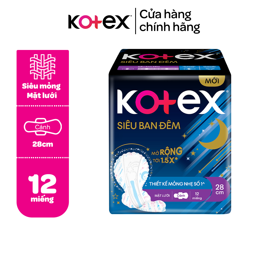 Băng vệ sinh Kotex ban đêm mặt lưới 12 miếng 28cm siêu mỏng cánh