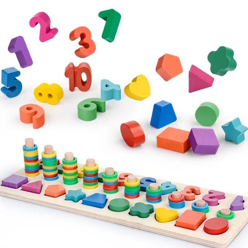 Đồ chơi gỗ học toán cho bé từ 2 tuổi-Bộ logic 3 dòng Montessori học đếm, số và hình khối