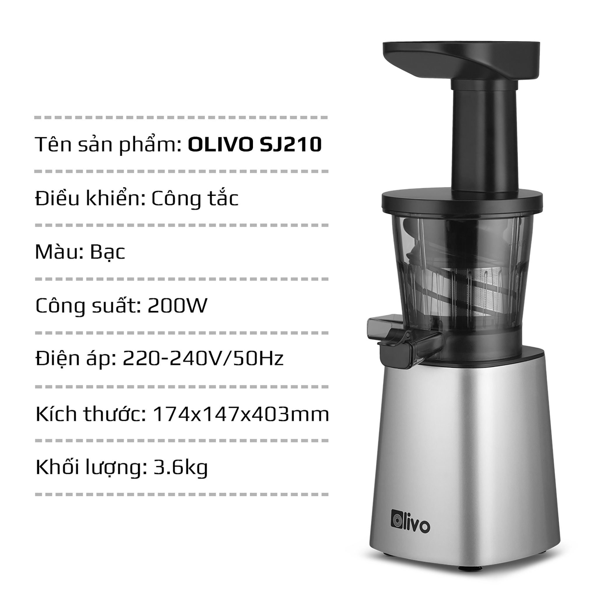 Máy Ép Chậm Olivo SJ210 Làm Kem, Ép Rau Củ Quả, Ép Đậu Nành 3 Trong 1, Ép Kiệt Bã 99% Thiết Kế Đột Phá, Dễ Dàng Vệ Sinh
