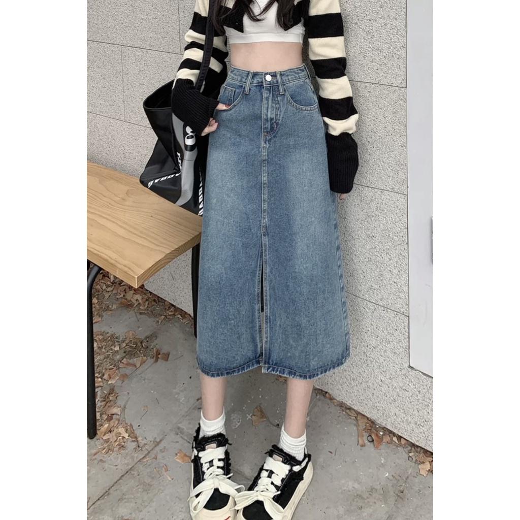 Chân váy jeans trơn basic EMIX, váy midi dáng dài, xẻ trước, cạp cao, có túi