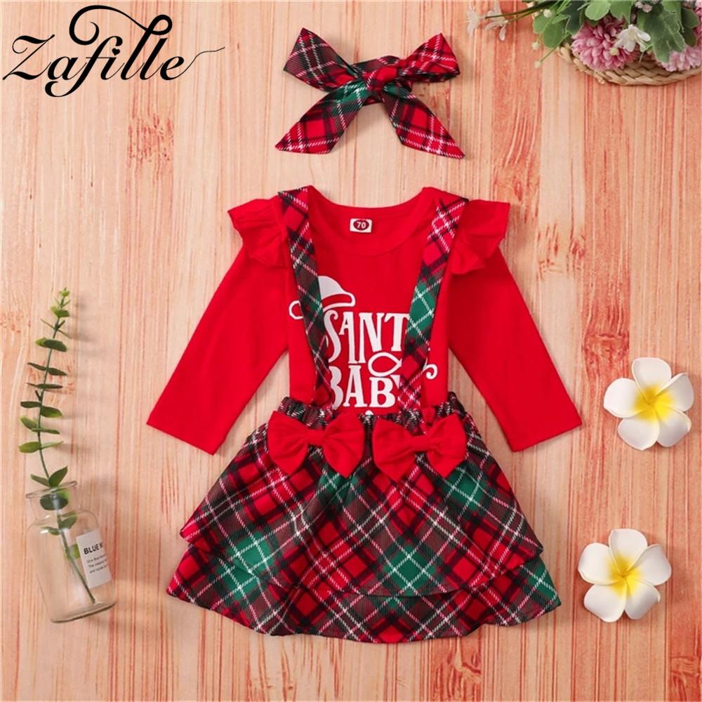 ZAFILLE Bé Gái Giáng Sinh Quần Áo Đỏ Áo Liền Quần Bodysuit + Nơ Kẻ Sọc Váy Của Tôi Mới Đầu Tiên Năm Trang Phục Cho Bé Giáng Sinh Trang Phục