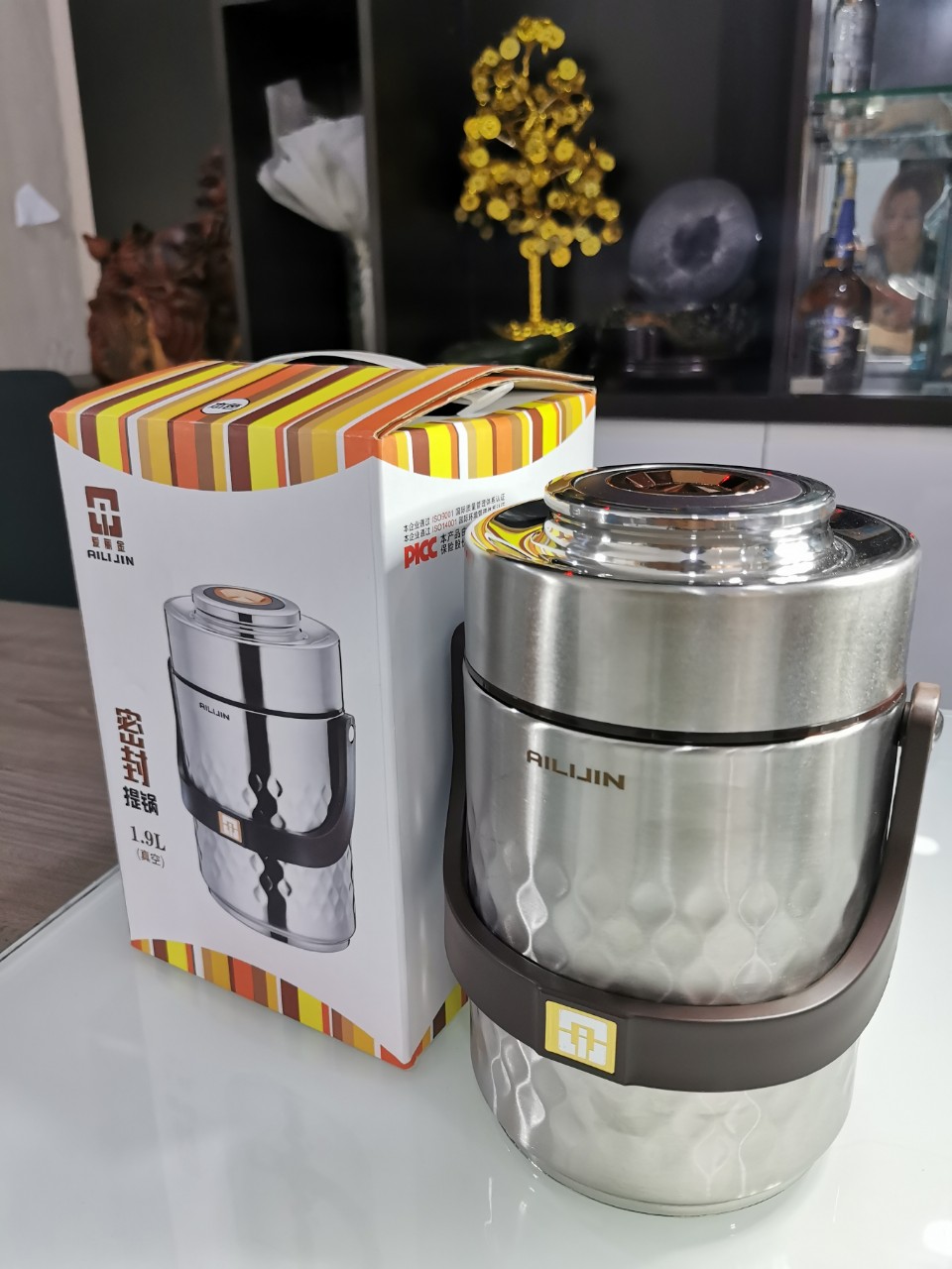 Cặp Lồng / Hộp Đựng Cơm Giữ Nhiệt Inox 304 Dạng Kim Cương Tặng 1 Bộ Muỗng Nĩa Caro