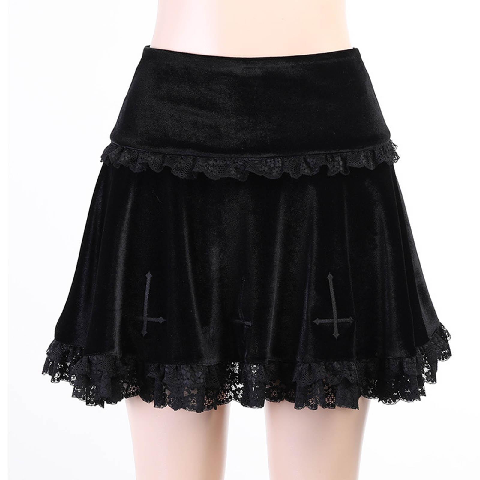Cute Pleated Skirt A Line Lace Trim Comfortable Punk Dark Women Short Skirts for Girl