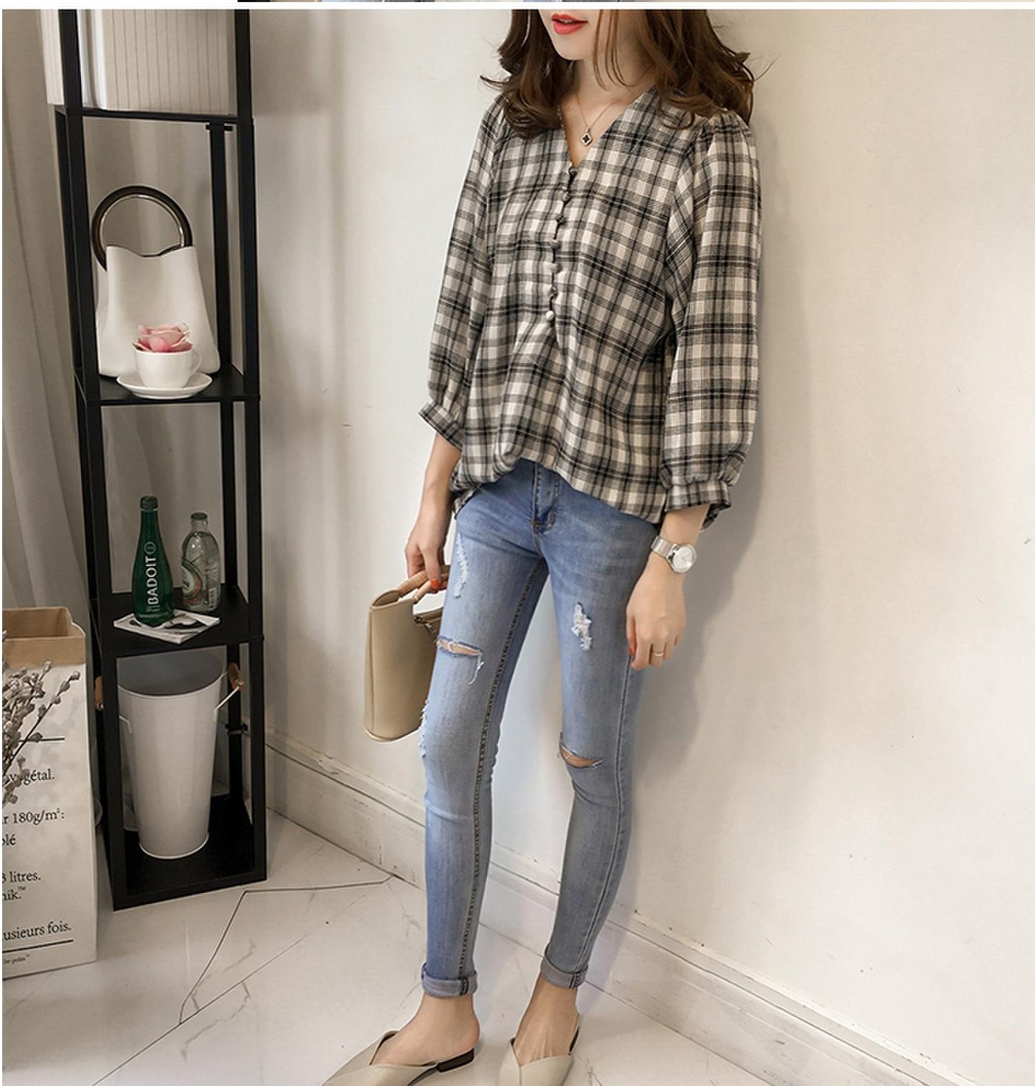 Áo kiểu nữ tay dài phối nút ale14