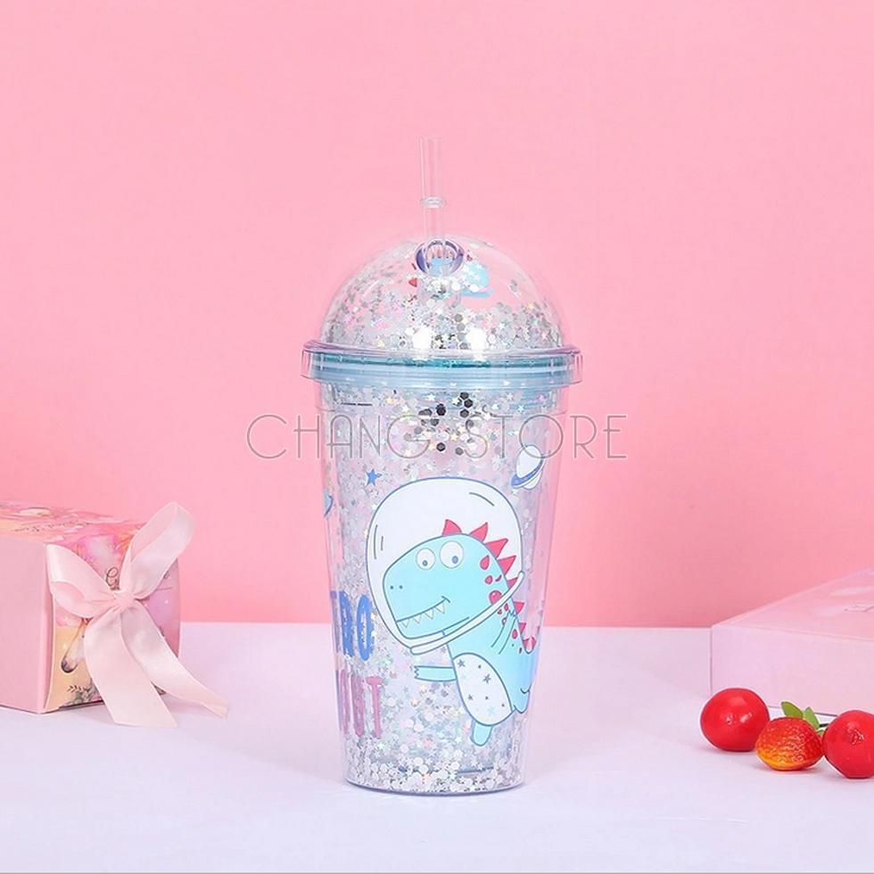 Bình Giữ Nhiệt Khủng Long 3D Kim Tuyến Nhiều Màu Sắc, Cốc Uống Nước Khủng long 3D 450ML kèm Ống Hút