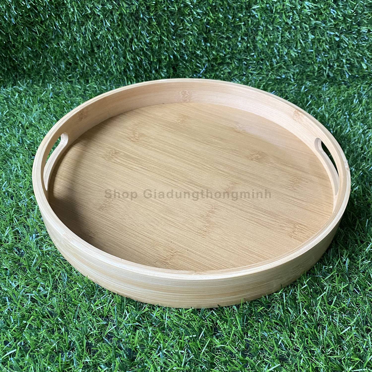 Khay Trà tròn gỗ Tre tự nhiên, đường kính 30cm dày dặn; màu Vàng bóng đẹp chống mối mọt; Dùng để bộ Ấm Chén hoặc để Bánh Kẹo - Tặng 1 khăn lau đa năng