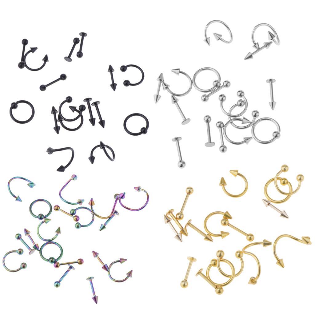 16 Pieces 16g Stainless Steel Assorted Eyebrow Ear Lip Navel