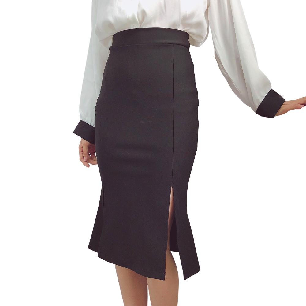 Chân váy công sở dài bigsize màu đen ôm body xẻ tà dài 63cm [size từ 48kg-85kg