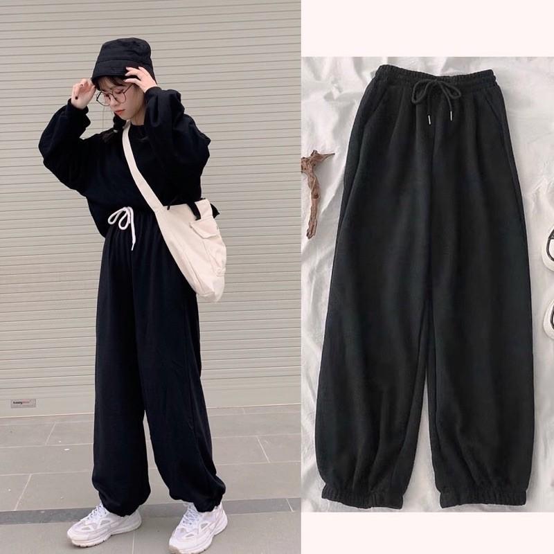 Quần nỉ jogger quần nỉ bông trơn ống thụng nam nữ unisex trơn bo gấu 2 màu: đen, xám