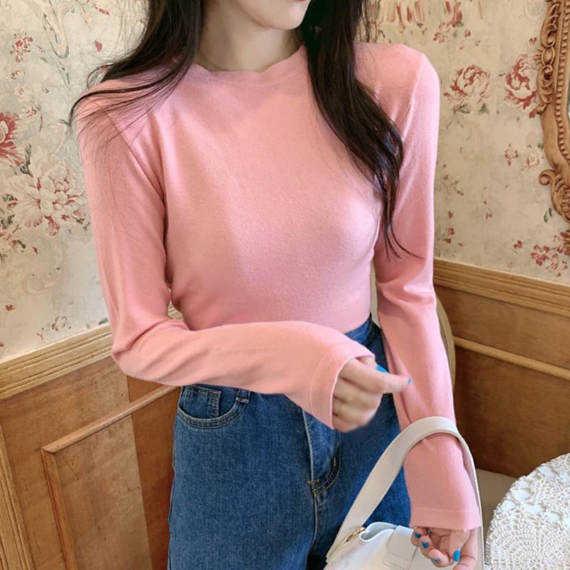 Áo Thun Tay Dài Cổ Tròn Màu Trơn Thiết Kế Đơn Giản Dành Cho Nữ