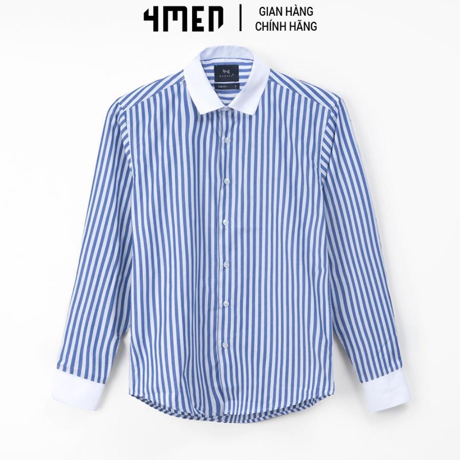 Áo sơ mi nam kẻ sọc phổi trắng 4MEN SM056 dài tay, vải Oxford và Cotton mềm, nhẹ, bền, thoáng mát