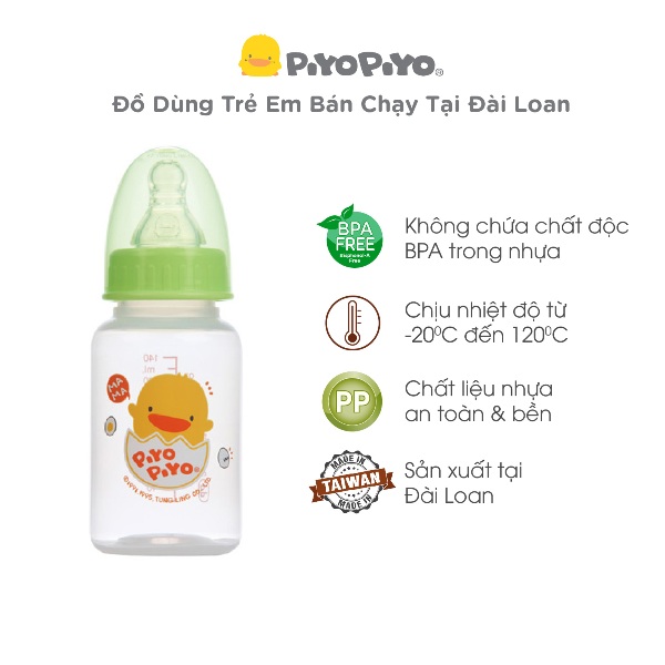 Bình sữa cổ tiêu chuẩn Piyo Piyo 150ml thân bình thẳng có thước đo, nhựa PP không chứa BPA