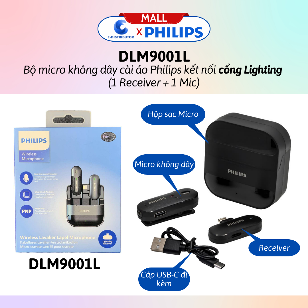 Bộ micro không dây cài áo Philips DLM9001C cổng USB-C - DLM9001L cổng Lightingg (1Receiver + 1Mic) - Hàng Chính Hãng