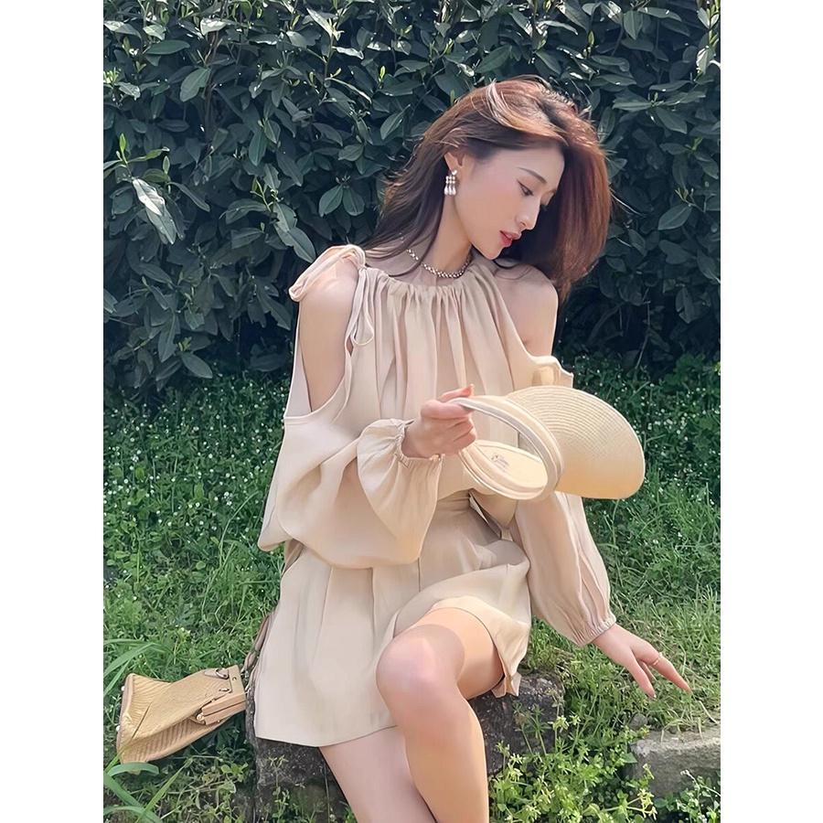 Set áo dài tay đũi hở vai thắt nơ phối quần short cạp chun be xanh mint đi biển đi chơi siêu xinh