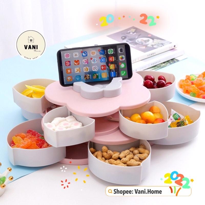Khay mứt 2 tầng xoay hình hoa có khay để điện thoại mẫu mới - Hộp đựng mứt bánh kẹo trung thu tết