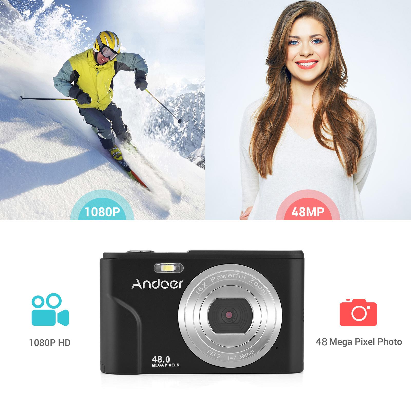 Máy ảnh kỹ thuật số Andoer Mini 48MP 2.7K 2,88 inch Màn hình IPS 16x Phóng to Phát hiện mặt tích hợp 2PCS Pin Dây đeo tay mang theo Túi mang theo