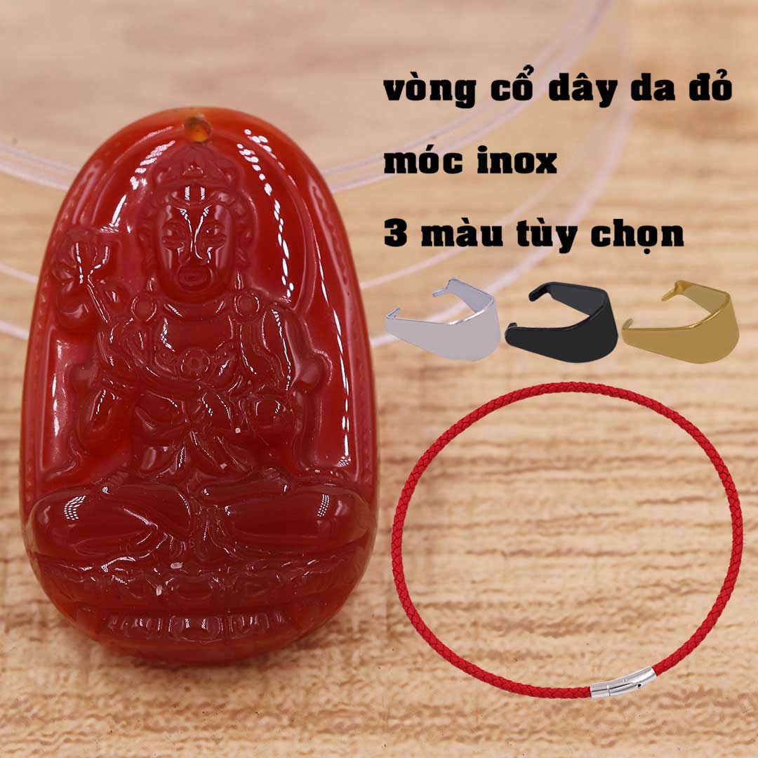 Mặt Phật Đại thế chí mã não đỏ kèm vòng cổ dây da đỏ + móc inox vàng, mặt dây chuyền Phật bản mệnh, vòng cổ mặt Phật