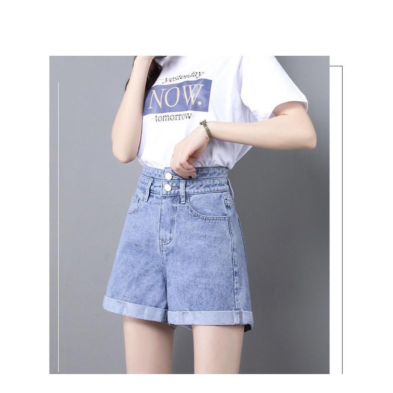 Quần Short Jean Cạp Cao Gấp Gấu Ống Suông Cá Tính