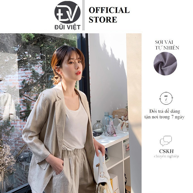 Áo khoác vest blazer nữ Đũi Việt vải linen Hàn, form rộng túi đắp, kiểu dáng công sở (Be) Dv09