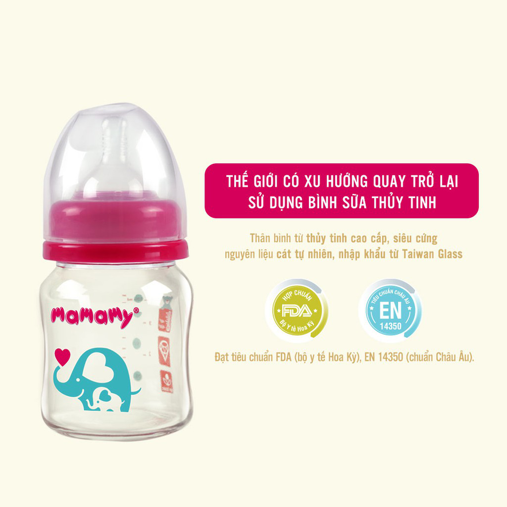 Combo Bình sữa thủy tinh cổ rộng Mamamy Xanh/Hồng 240ml và 2 Hộp núm ti chống sặc, đầy hơi cho bé