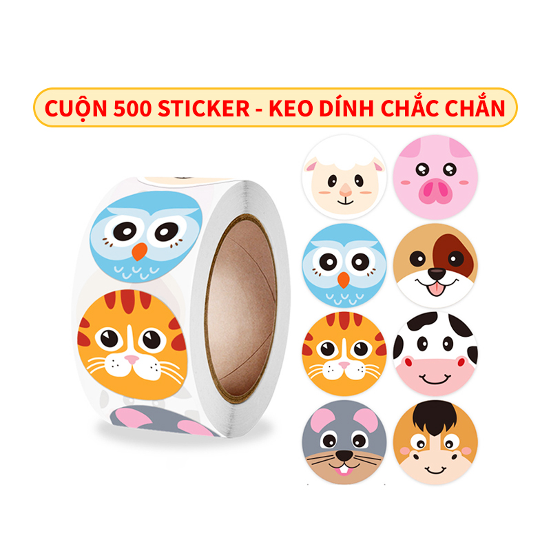 Sticker dán sổ họa tiết hình thú đáng yêu, Cuộn 500 sticker khen thưởng khiến giờ học của bé thêm sinh động – SST016