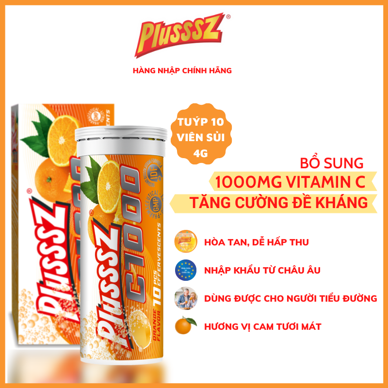 {COMBO3TUYP} Viên sủi Plusssz C1000 bổ sung 1000mg vitamin C hỗ trợ tăng cường sức đề kháng, vững vàng sức khỏe (Tuýp 10 viên sủi 4g)