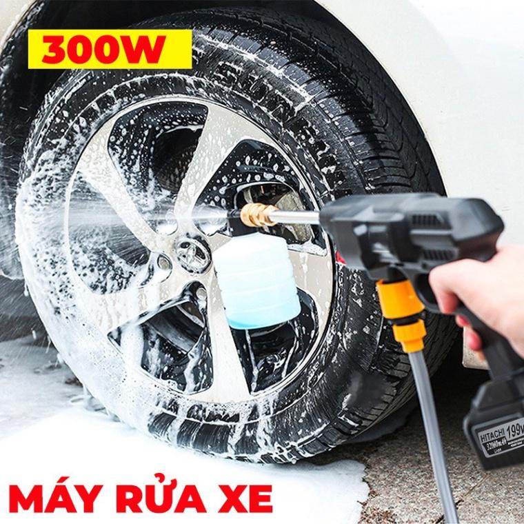 Máy rửa xe dùng pin - Tiện dụng, áp suất cao, pin 199V - Tặng dây dài 5m và bình tạo bọt