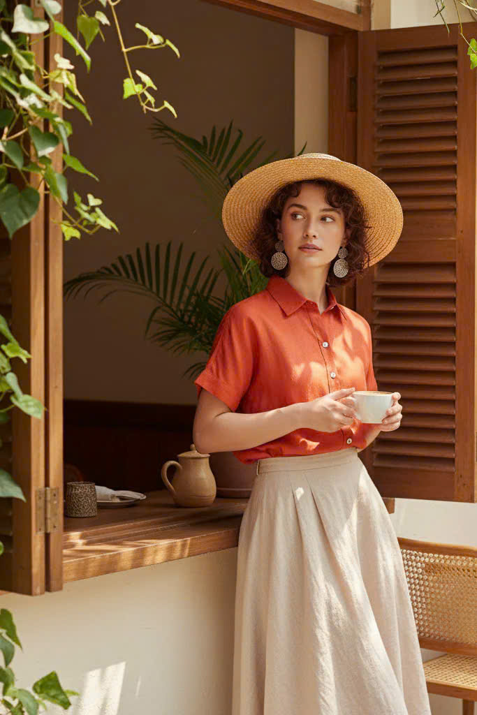 Áo Sơ Mi Linen Thổ, Áo Sơ Mi Linen Ngắn Tay thời trang thiết kế Hity Top204