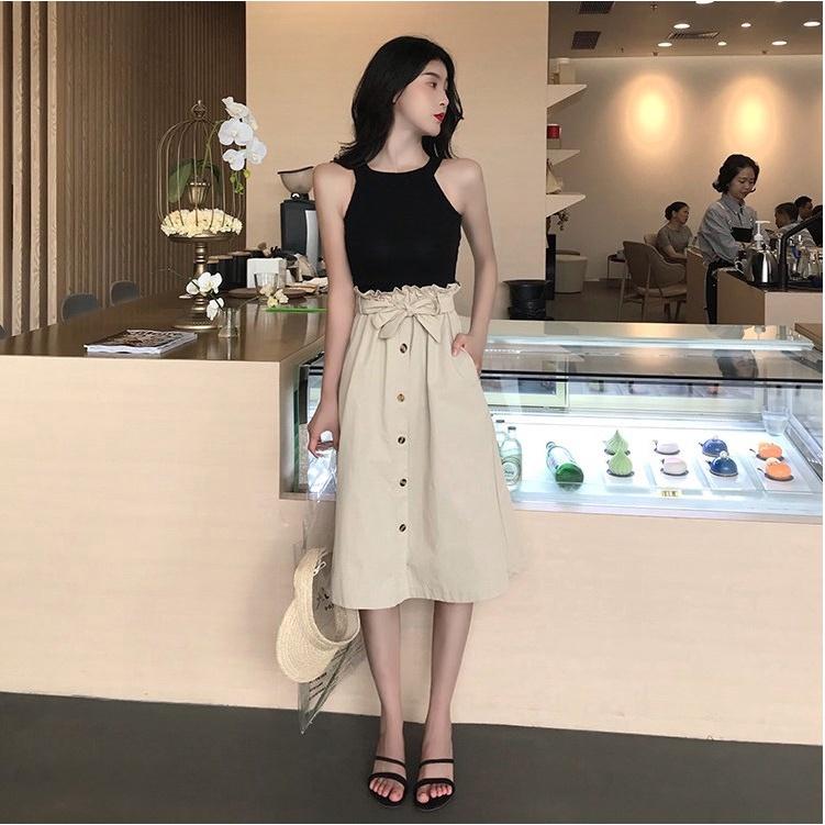 Chân Váy Midi Nữ Kaki Nơ Eo Viền Bèo Hàng Cúc Giữa Dáng Dài