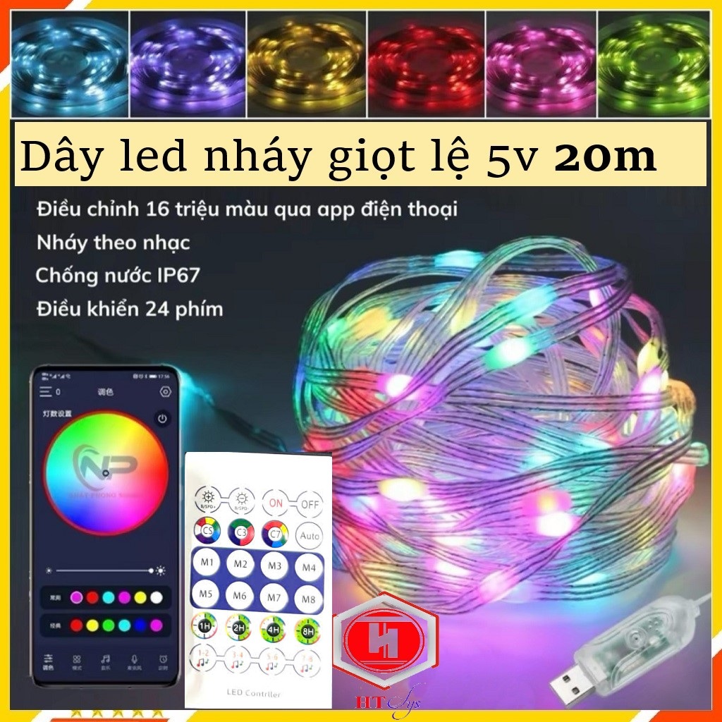 Dây Đèn Led Trang Trí Dài 20 Mét, Đèn Led RGB 16 Triệu Màu Chống Nước, Led Giọt Lệ Điều Khiển Qua APP, Remote 24 Phím, Nguồn USB