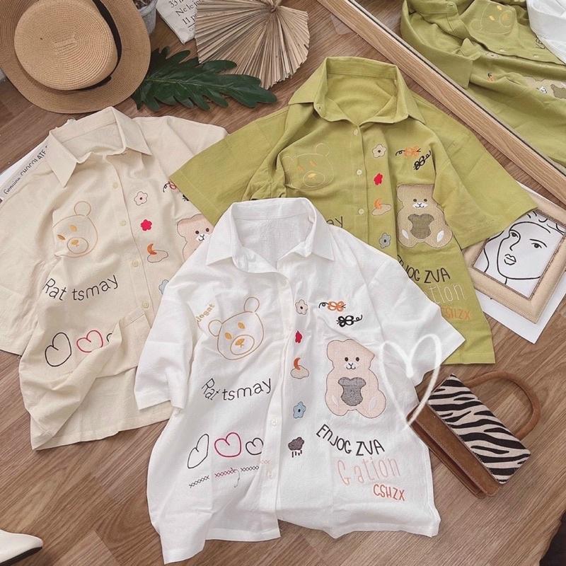 Áo sơ mi tay ngắn thêu gấu