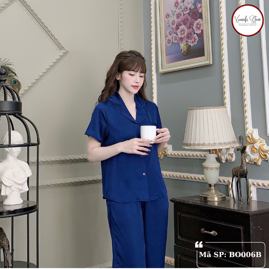 Bộ pijamas nữ áo cộc quần dài nhiều màu trơn chất lụa Xumaki Store BO006B