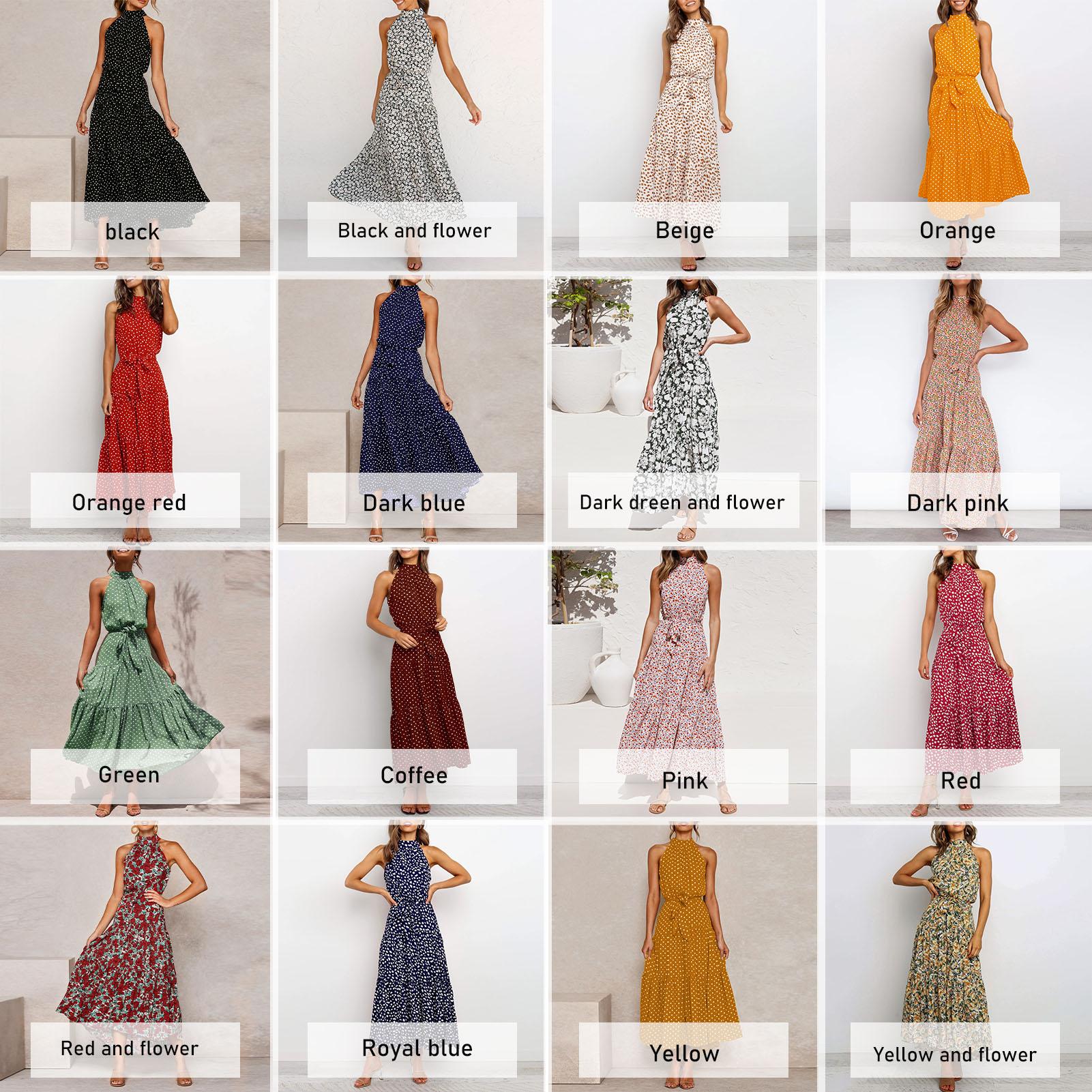 Women Sleeveless Dress Halter Neck Ruffle Hem Long Dress Empire Waist Bow Polka Dots Floral Elegant Casual A-Shaped