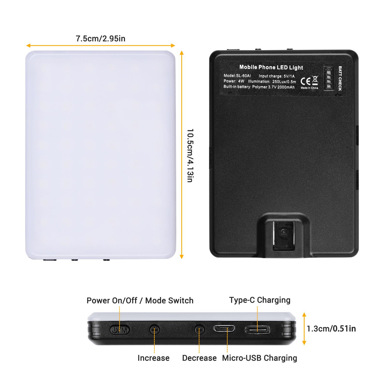 Đèn LED 3 trong 1 4W 3200K-5600K CRI95 3 màu có thể điều chỉnh độ sáng 10 cấp + giá đỡ, cáp sạc