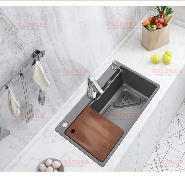 Chậu rửa bát 1 hố lớn 68x45cm sus304 nano xám Valenza kèm khay inox, bộ xả to ngăn mùi-Dày 3li