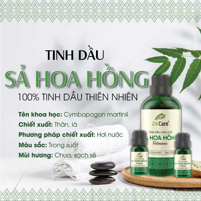 Tinh dầu Sả Hoa Hồng 24Care 100ML - Chiết xuất thiên nhiên, xông thơm phòng, xua đuổi côn trùng, làm dịu cảm giác khó chịu, cân bằng cảm xúc