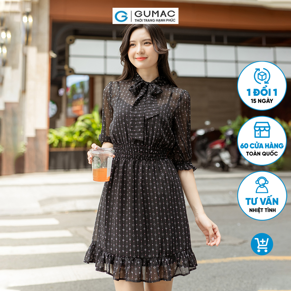 Đầm bèo smocking eo thắt nơ cổ GUMAC DD05069