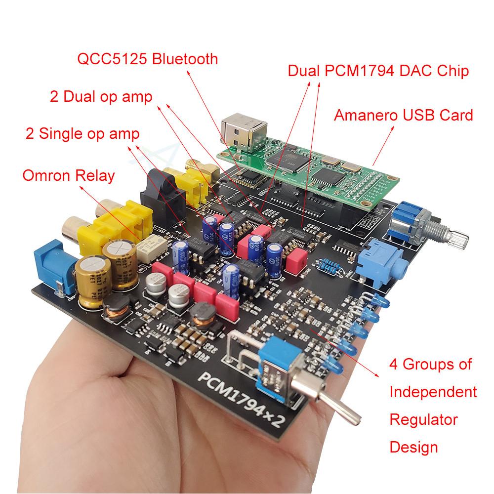 Rod Rain Audio Dual PCM1794 DAC QCC5125 Thẻ USB Bluetooth 5.1 Amanero LDAC DSD512 Bộ giải mã âm thanh HIFI Bộ khuếch đại tai nghe 600Ω