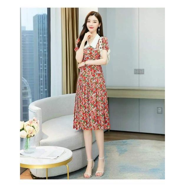 HÀNG NHẬP - ĐẦM VOAN HOA CỔ BẺ CHÂN VÁY XẾP LY