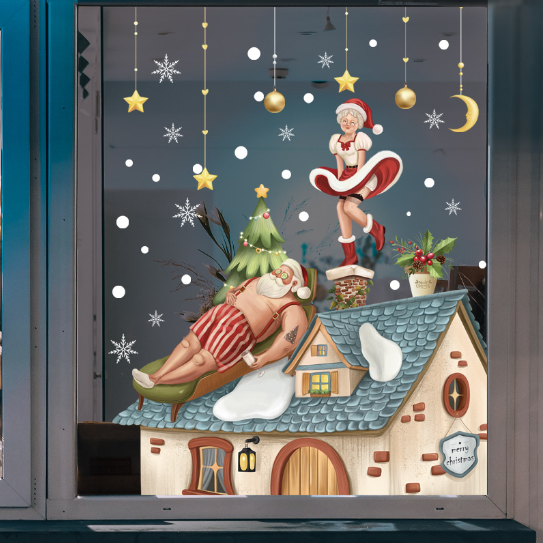 Decal trang trí Noel - Ông già và bà già Noel ngắm tuyết trên mái nhà