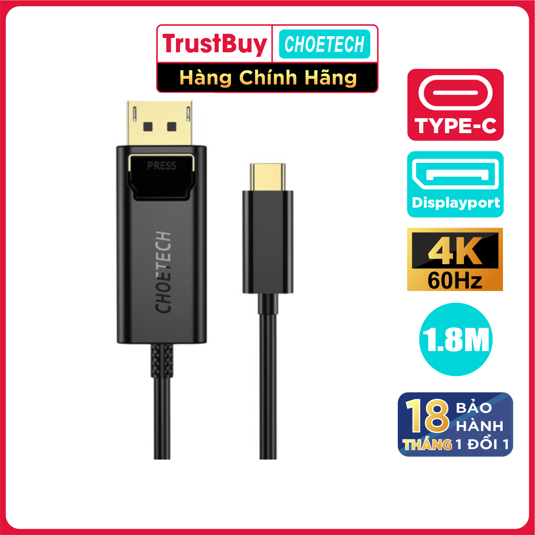 Dây Cáp Type C To DP DisplayPort 4K 60Hz Thunderbolt 3 CHOETECH XCP-1801-B Dài 1.8M - Hàng Chính Hãng