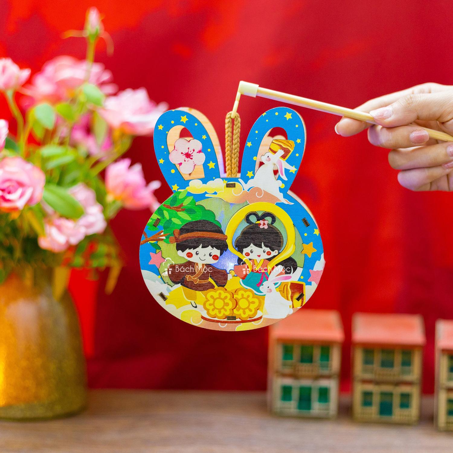 Lồng Đèn Trung Thu Gỗ 2 Mặt Màu - Bách Mộc - Thỏ Bánh