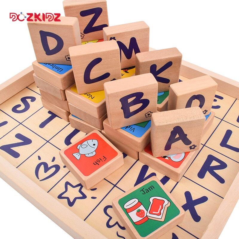 Đồ chơi gỗ thông minh, bảng gỗ xếp 26 chữ cái Tiếng Anh kèm từ vựng cho bé - DOZKIDZ