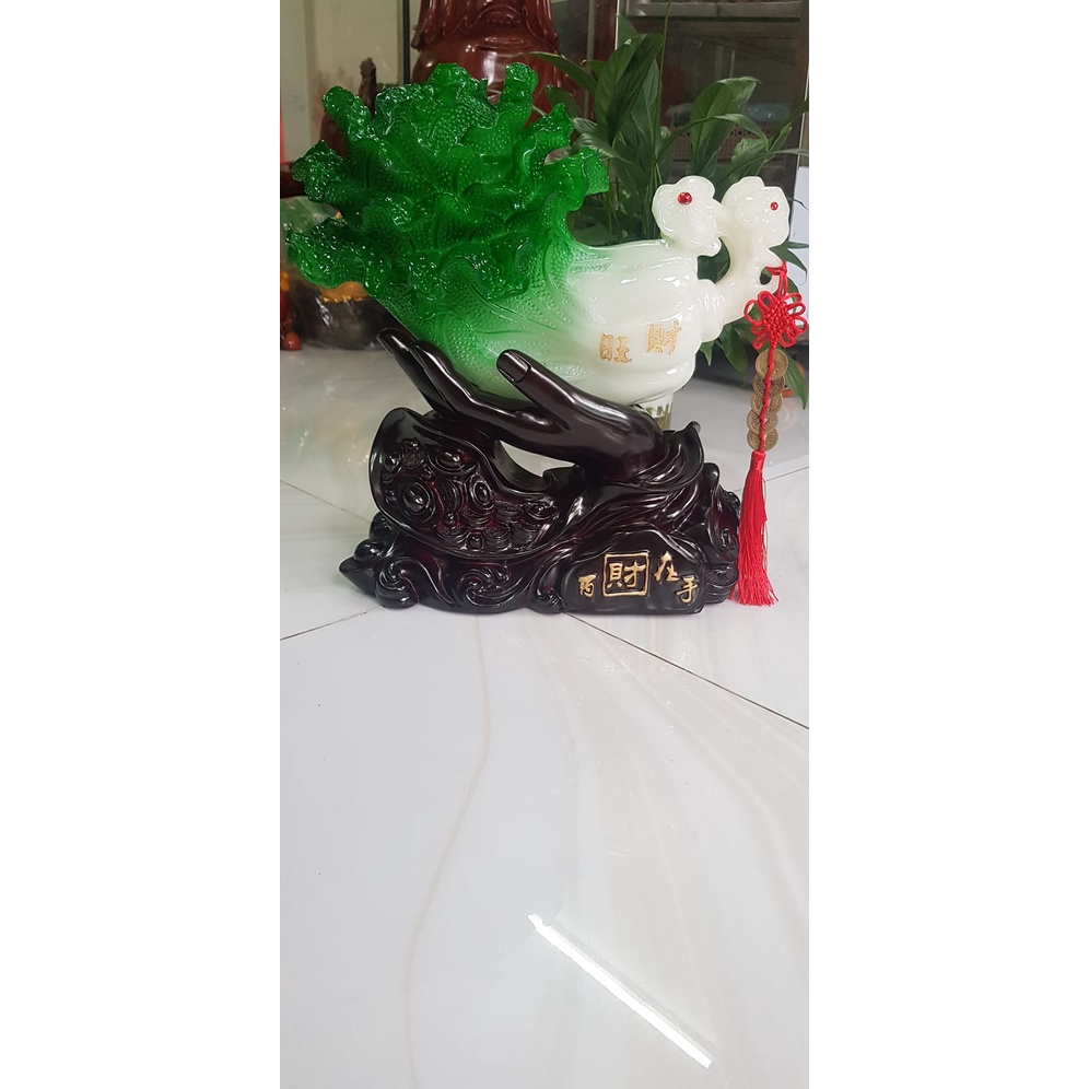 Tượng Bắp Cải Phong Thuỷ Xanh To Đẹp Trên Bàn Tay Nắm Giữ trọn Bắp Cải 5 Đồng Tiền Ngũ Phúc Dây Đỏ Đế Gỗ Tài lộc May Mắn Ý nghĩa bàn tay làm nên sự nghiệp gia chủ nắm giữ thu hút  của cải tài lộc tiền tài vào Size Cao 36cm Ngang 35cm Sâu 15cm ạ