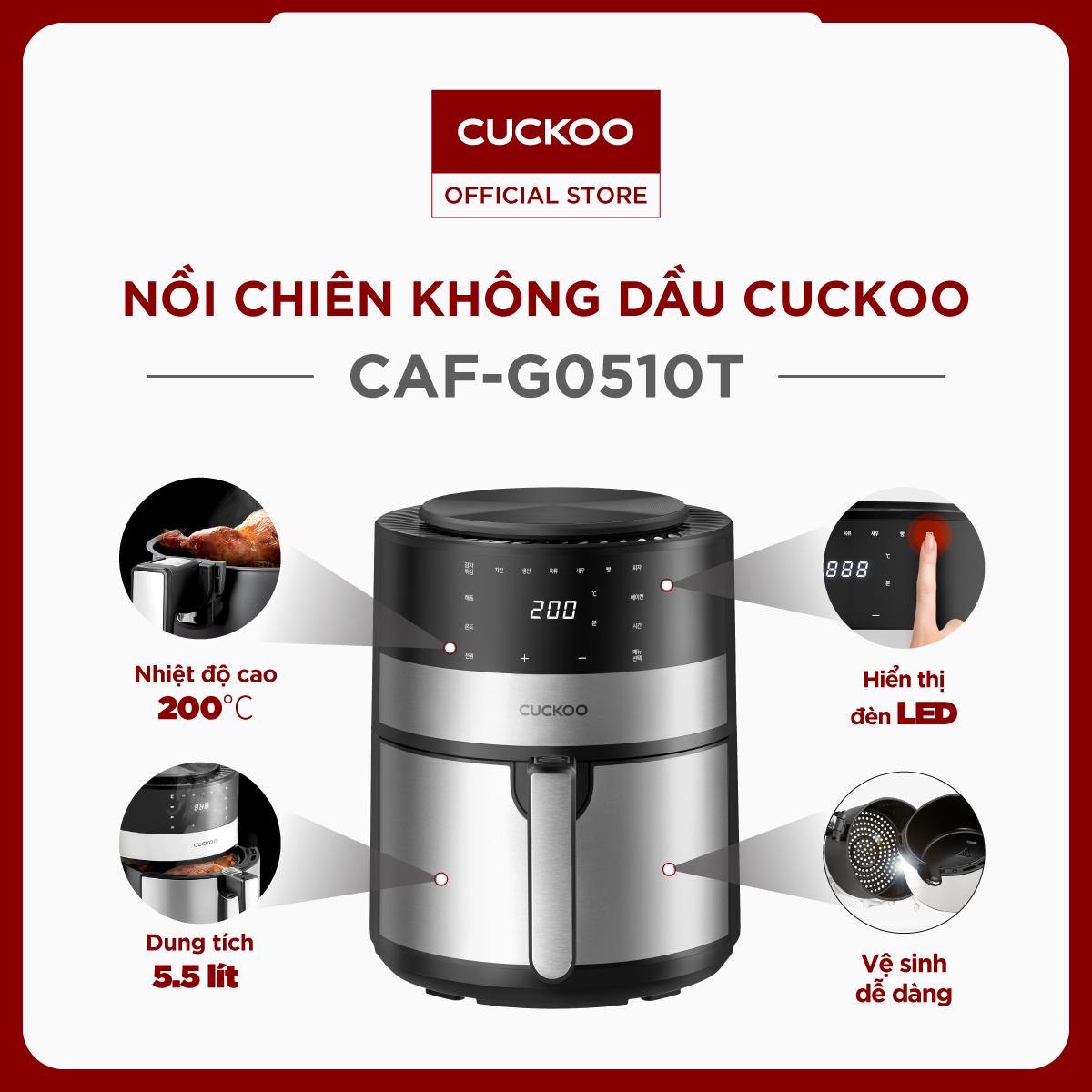 Nồi chiên không dầu điện tử Cuckoo 5.5L CAF-G0510T - Công suất 1750W - Giỏ chiên chống dính, không cần lật trở - Màn hình LED thông minh - Chất lượng Hàn Quốc - Hàng chính hãng Cuckoo Vina